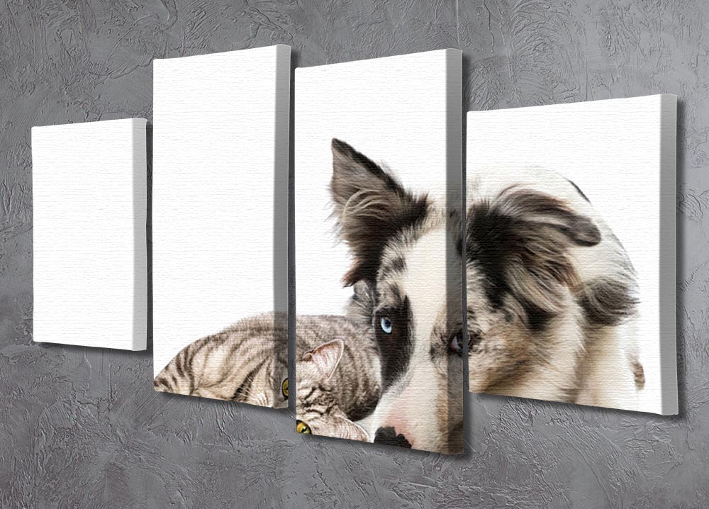 A vibrant 4-panel canvas artwork featuring cats and dogs, showcasing their playful nature and love.