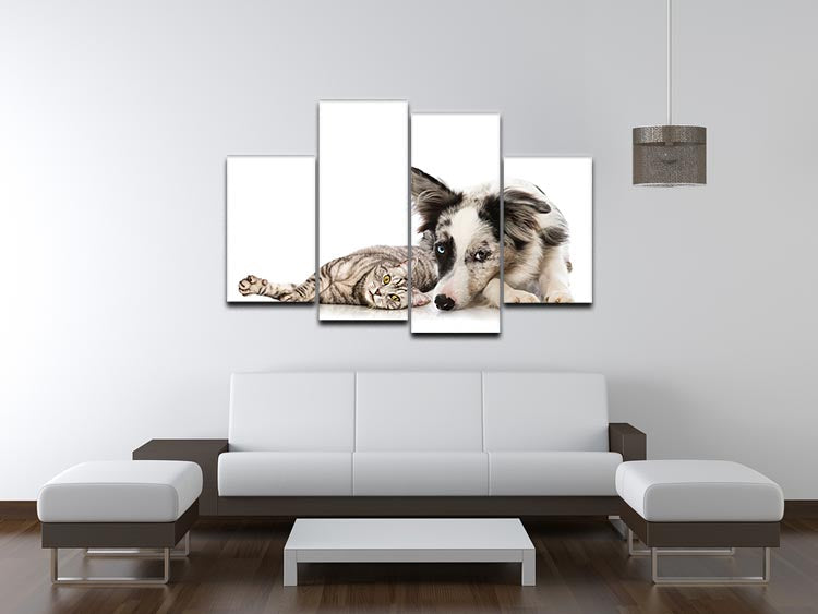 A vibrant 4-panel canvas artwork featuring cats and dogs, showcasing their playful nature and love.
