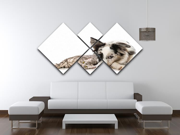 A vibrant 4-square canvas artwork featuring cats and dogs, beautifully arranged to create a harmonious design.