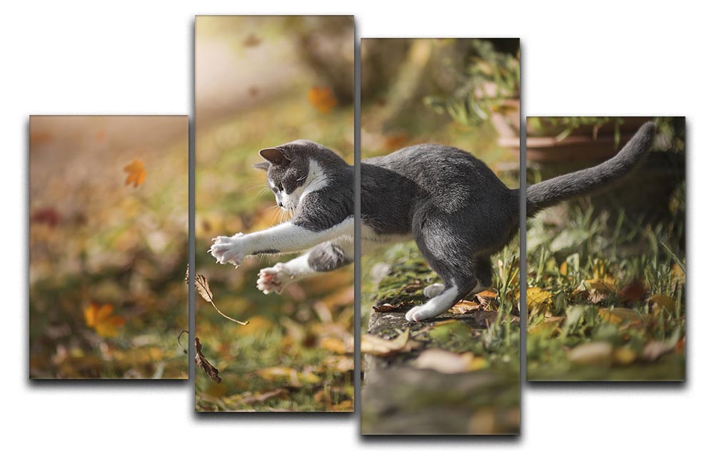 A vibrant 4-panel canvas artwork featuring playful cats in an autumn setting, showcasing rich colors and intricate details.