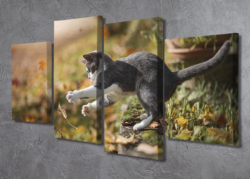 A vibrant 4-panel canvas artwork featuring playful cats in an autumn setting, showcasing rich colors and intricate details.