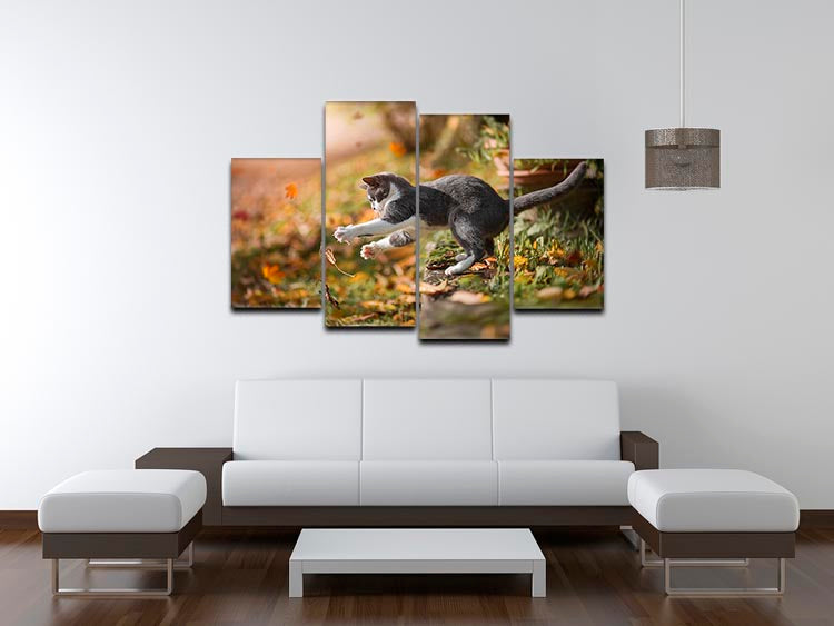 A vibrant 4-panel canvas artwork featuring playful cats in an autumn setting, showcasing rich colors and intricate details.