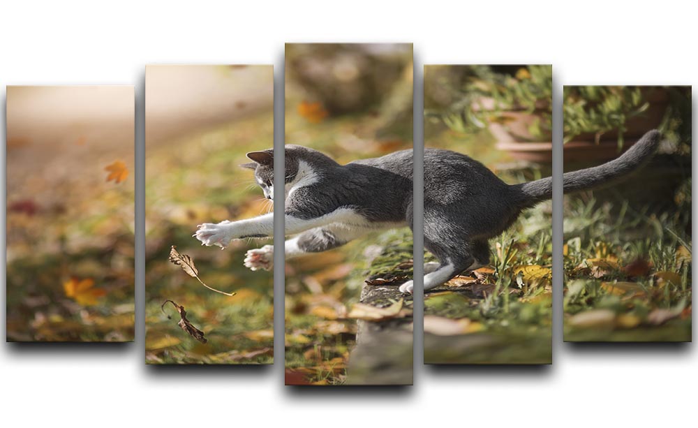 A vibrant 5-panel canvas artwork featuring playful cats amidst colorful autumn leaves, creating a dynamic and engaging display.