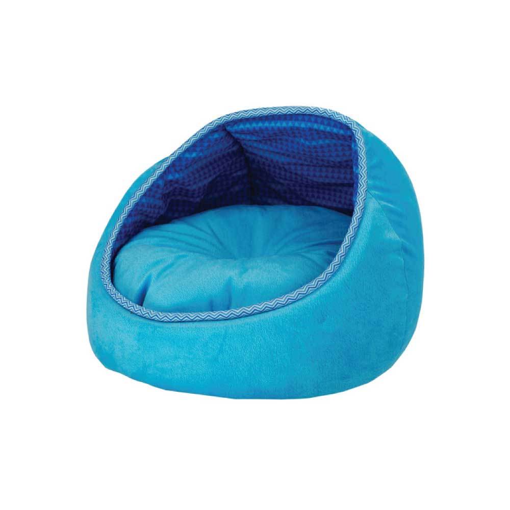 Monaco Lounge Cat Bed in blue and pink fleece, featuring a plush cushion and cozy design for pets.