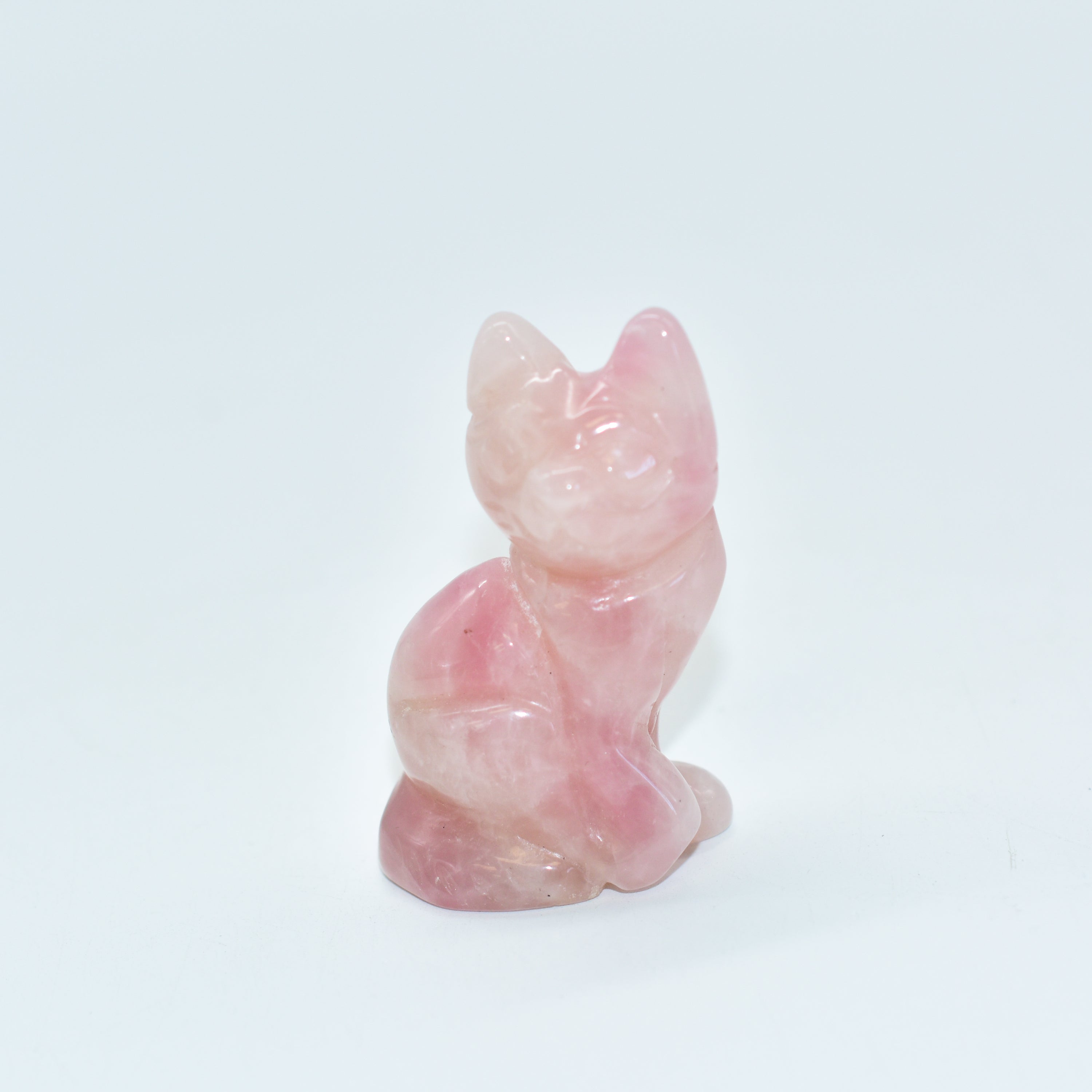 A collection of beautifully crafted cat crystal carvings in various poses, made from natural stones like Rose Quartz and Tiger's Eye.