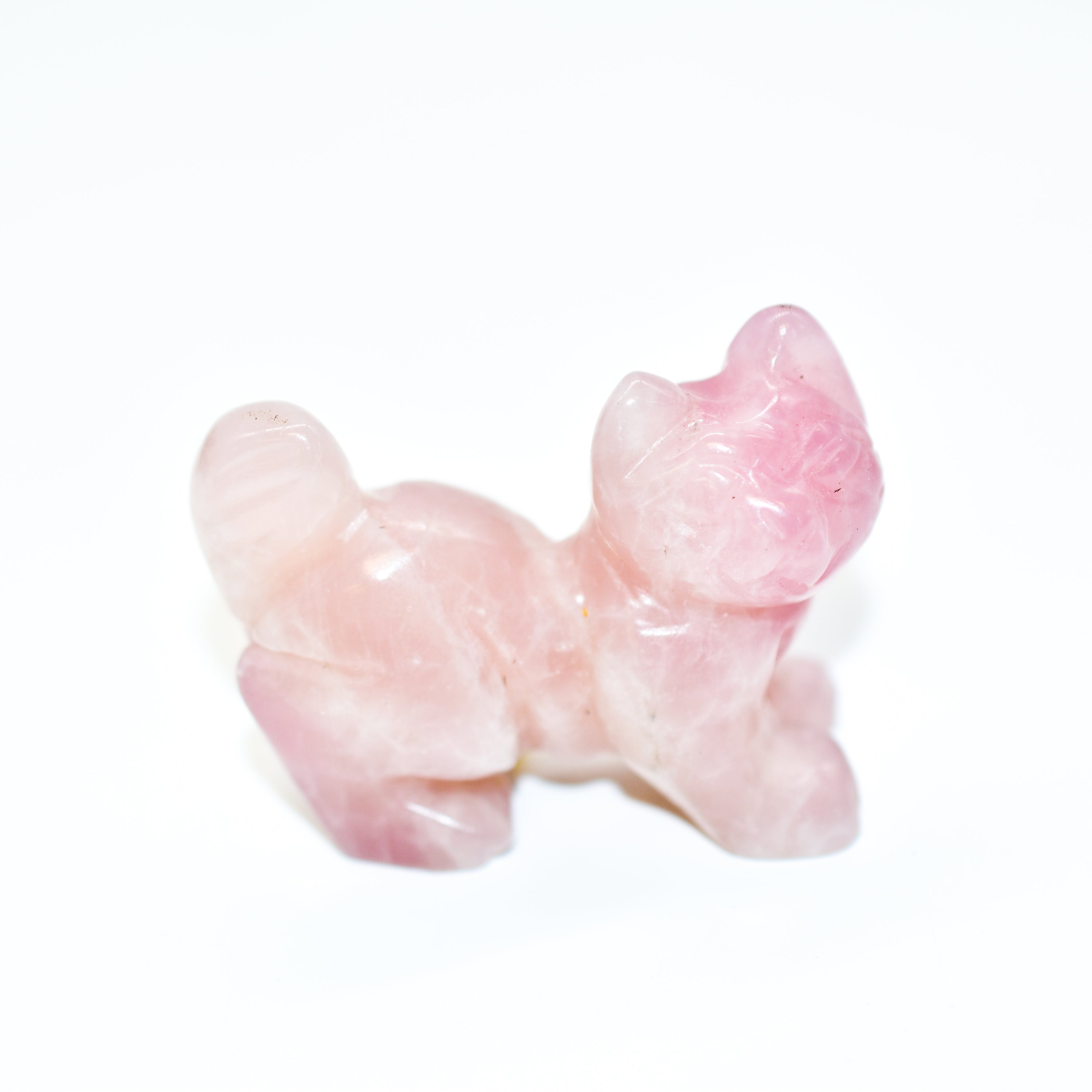 A collection of beautifully crafted cat crystal carvings in various poses, made from natural stones like Rose Quartz and Tiger's Eye.