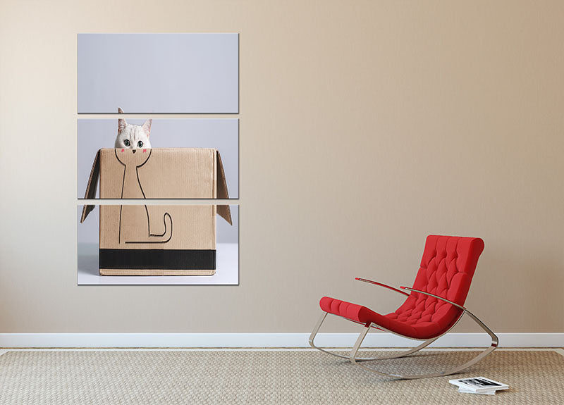 A beautiful 3-panel canvas print featuring a playful cat in a box, perfect for home decor.