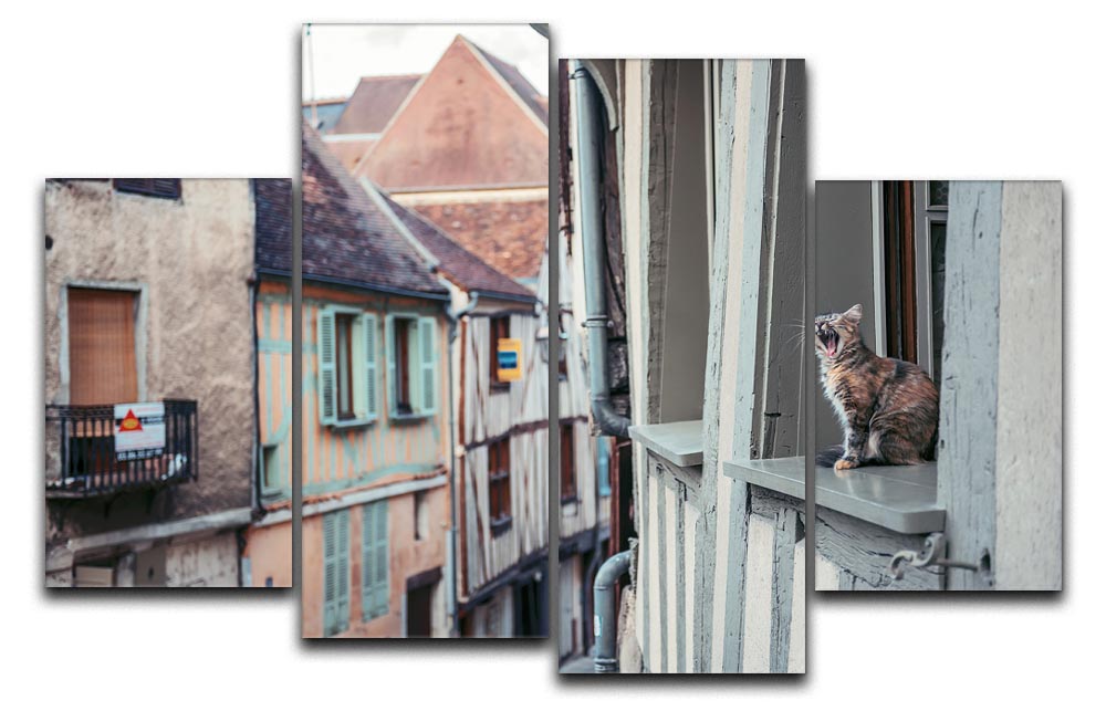 A beautiful 4-split canvas artwork featuring a cat looking out of a window, creating a serene and charming atmosphere.