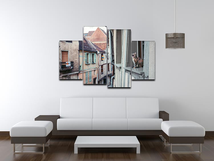 A beautiful 4-split canvas artwork featuring a cat looking out of a window, creating a serene and charming atmosphere.