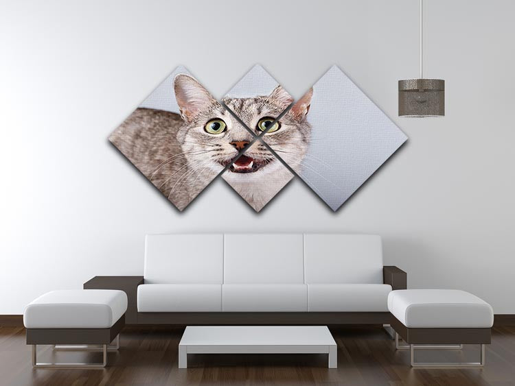 A beautiful 4-square canvas artwork featuring a gray tabby shorthair cat, divided into four equal panels.