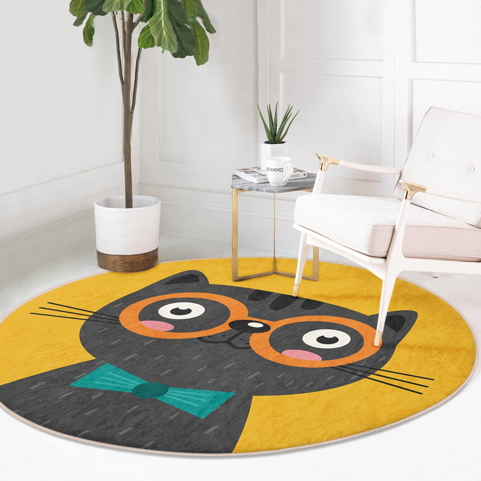 A vibrant yellow round rug featuring a whimsical cat print, perfect for adding charm to any room decor.