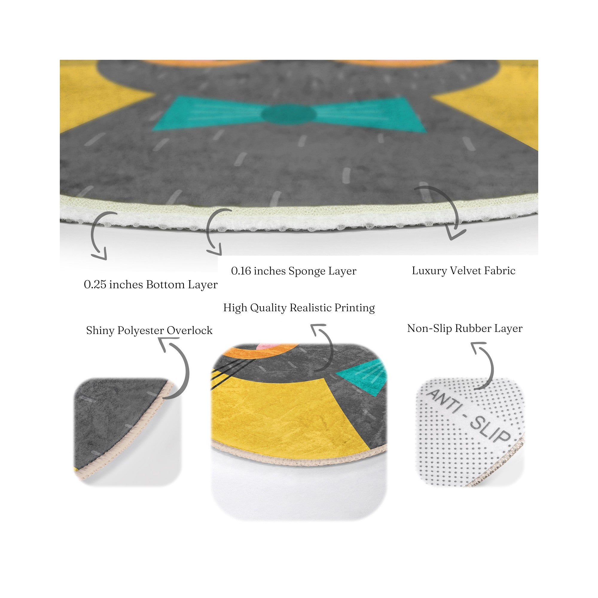 A vibrant yellow round rug featuring a whimsical cat print, perfect for adding charm to any room decor.