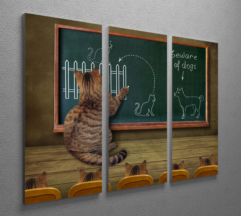 A whimsical 3-panel canvas print featuring a cat teacher with his pupils, showcasing vibrant colors and playful design.