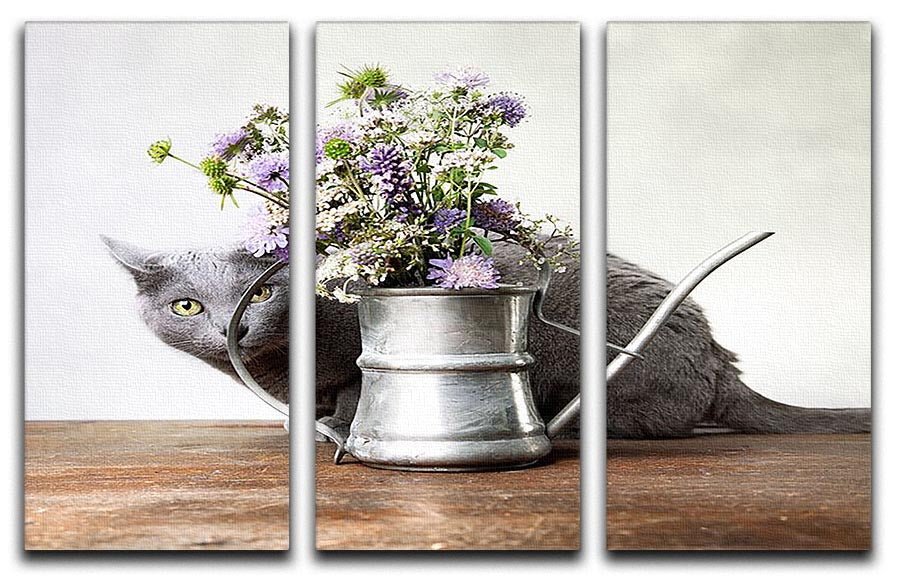 A beautiful 3-panel canvas print featuring a cat surrounded by colorful flowers, perfect for home decor.