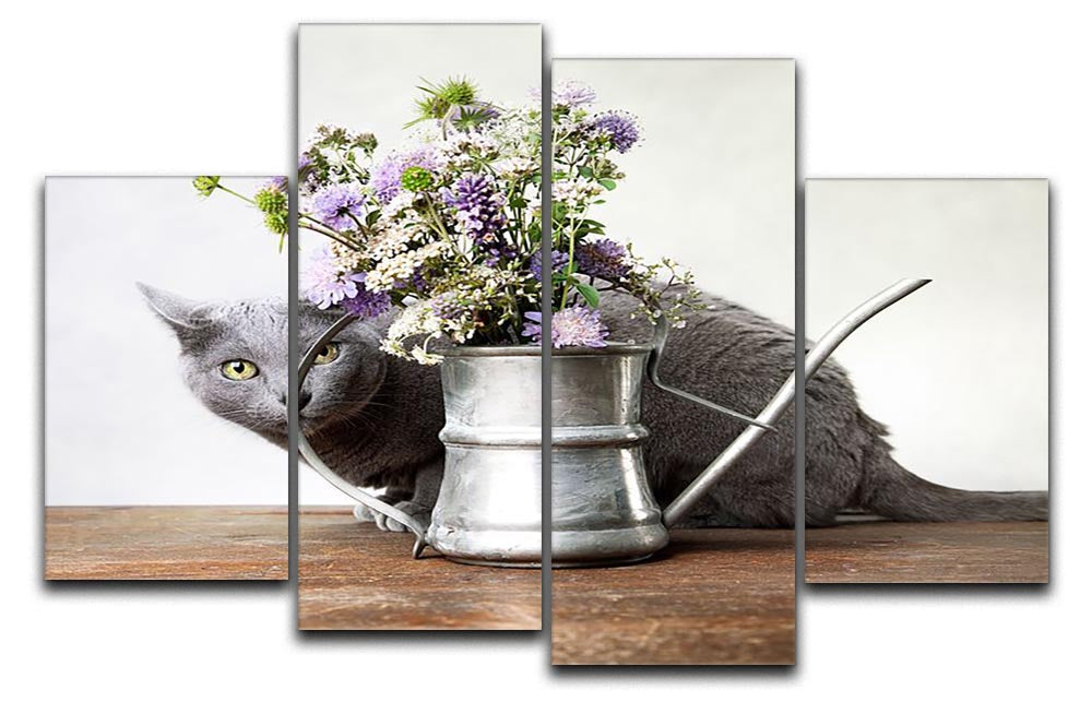 A vibrant 4-split canvas artwork featuring a playful cat surrounded by colorful flowers, creating a dynamic and charming display.