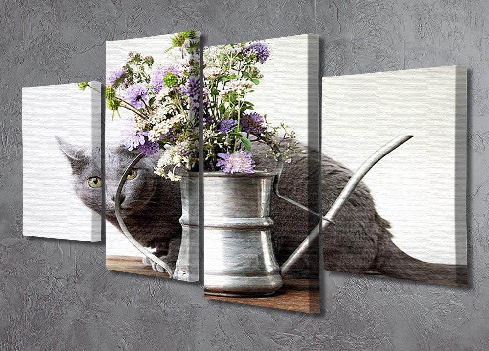 A vibrant 4-split canvas artwork featuring a playful cat surrounded by colorful flowers, creating a dynamic and charming display.