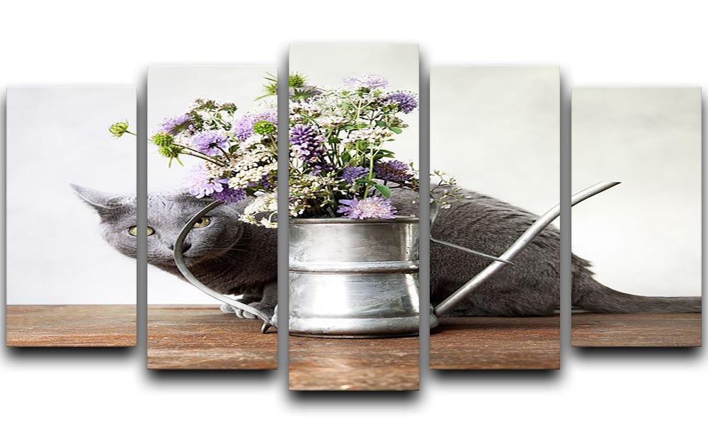 A beautiful 5-split canvas artwork featuring a cat surrounded by colorful flowers in an old decorative watering can.