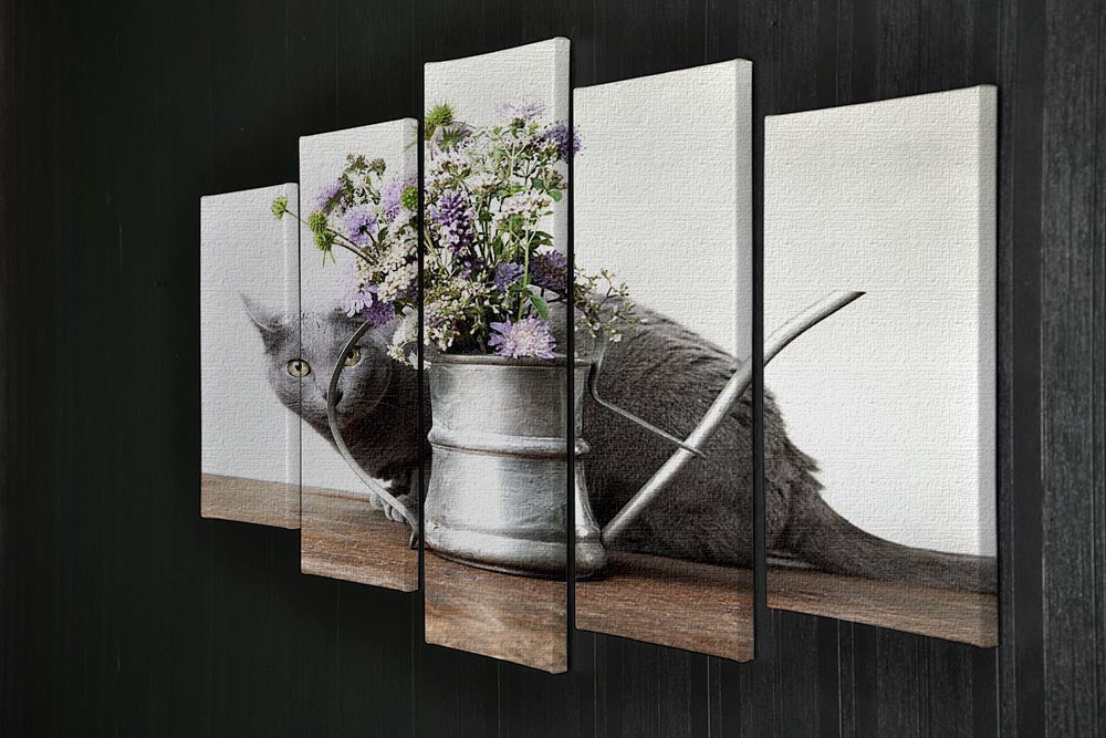 A beautiful 5-split canvas artwork featuring a cat surrounded by colorful flowers in an old decorative watering can.