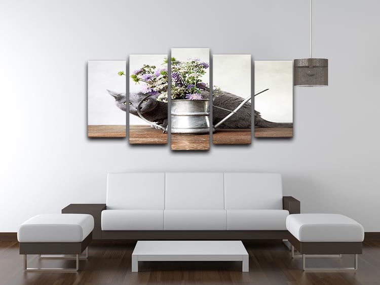 A beautiful 5-split canvas artwork featuring a cat surrounded by colorful flowers in an old decorative watering can.