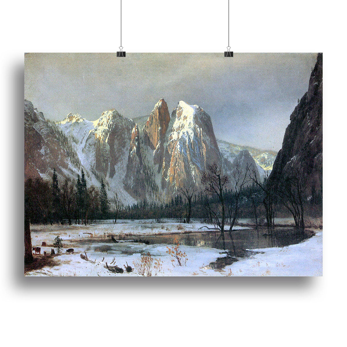 A beautiful canvas print of Cathedral Rocks in Yosemite National Park, showcasing majestic granite cliffs and lush greenery.