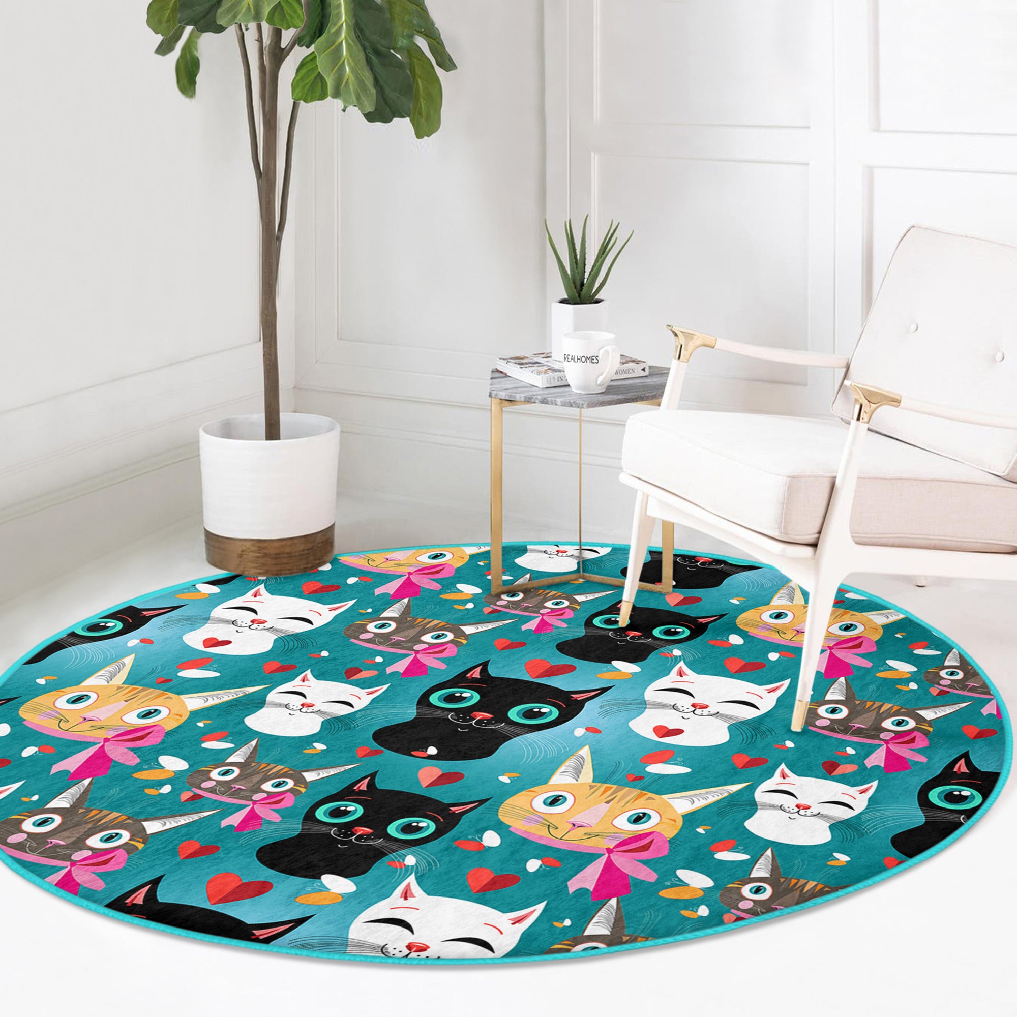 A colorful round rug featuring a playful cat pattern, perfect for children's rooms and cat lovers.