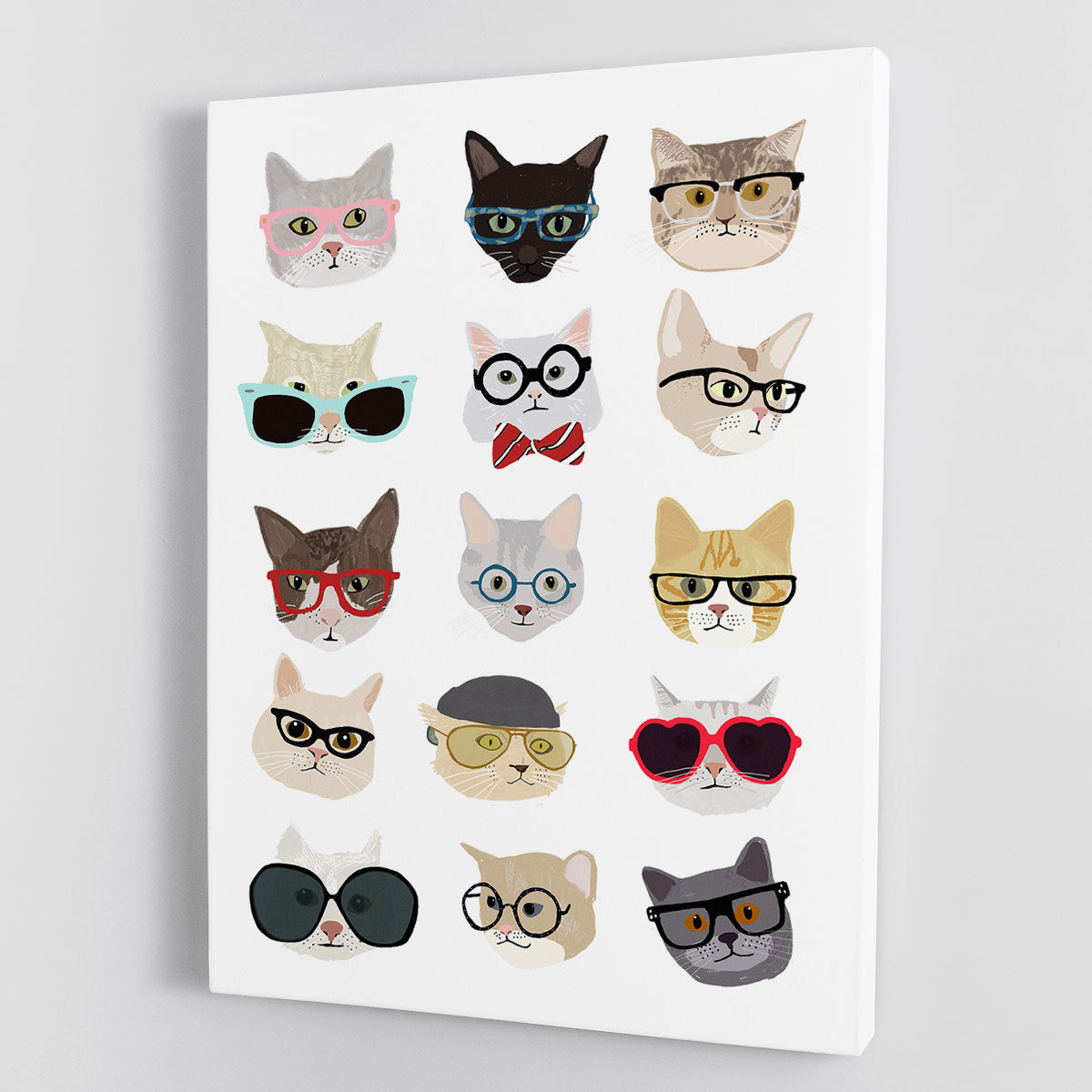 A whimsical canvas print featuring cats wearing stylish glasses, perfect for home decor.