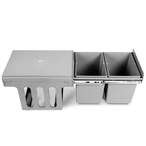 Cefito 2x15L Pull Out Bin in Grey, featuring two compartments with lids for waste separation and sturdy metal sliding runners.