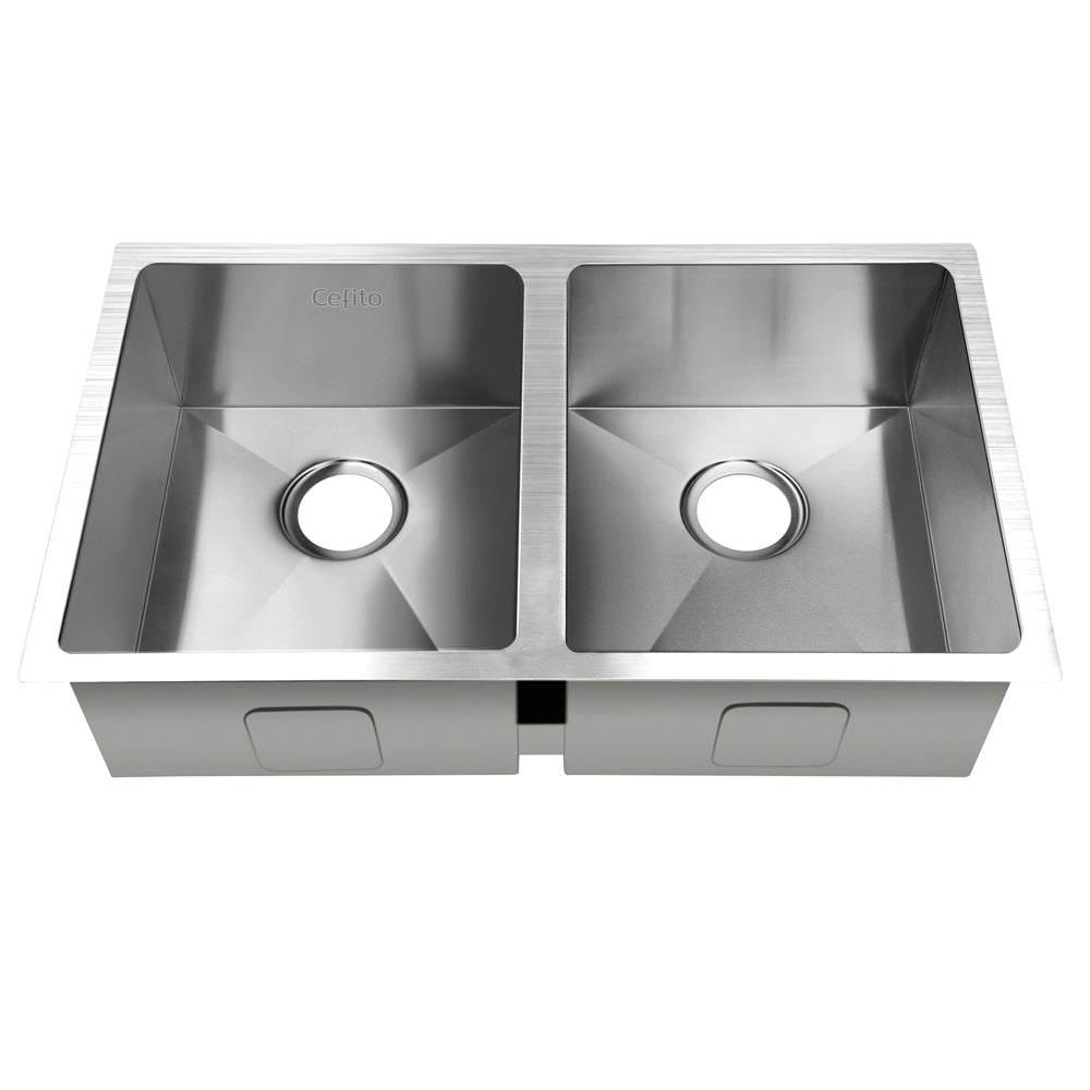 Cefito 77cm x 45cm stainless steel kitchen sink with satin finish and rounded corners, showcasing its modern design and craftsmanship.