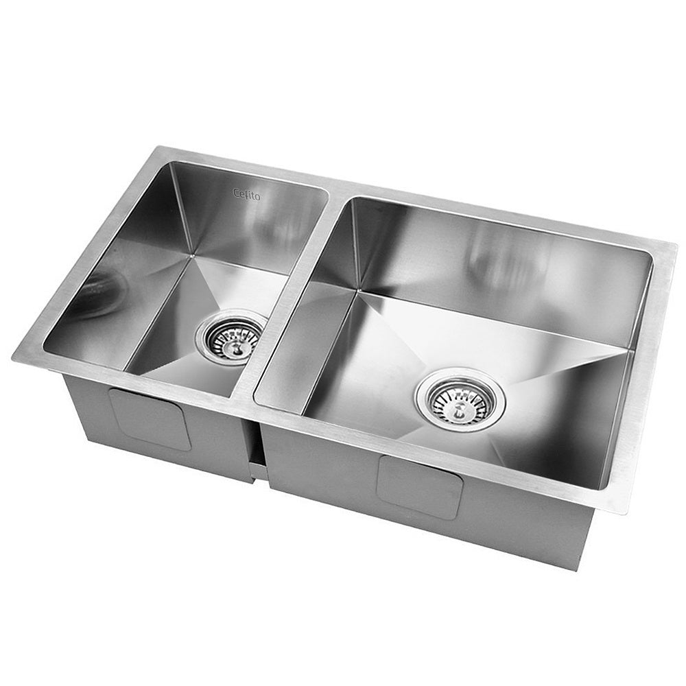 Cefito Handmade Stainless Steel Sink measuring 71cm x 45cm with a satin finish and R10 rounded corners, showcasing its modern design.