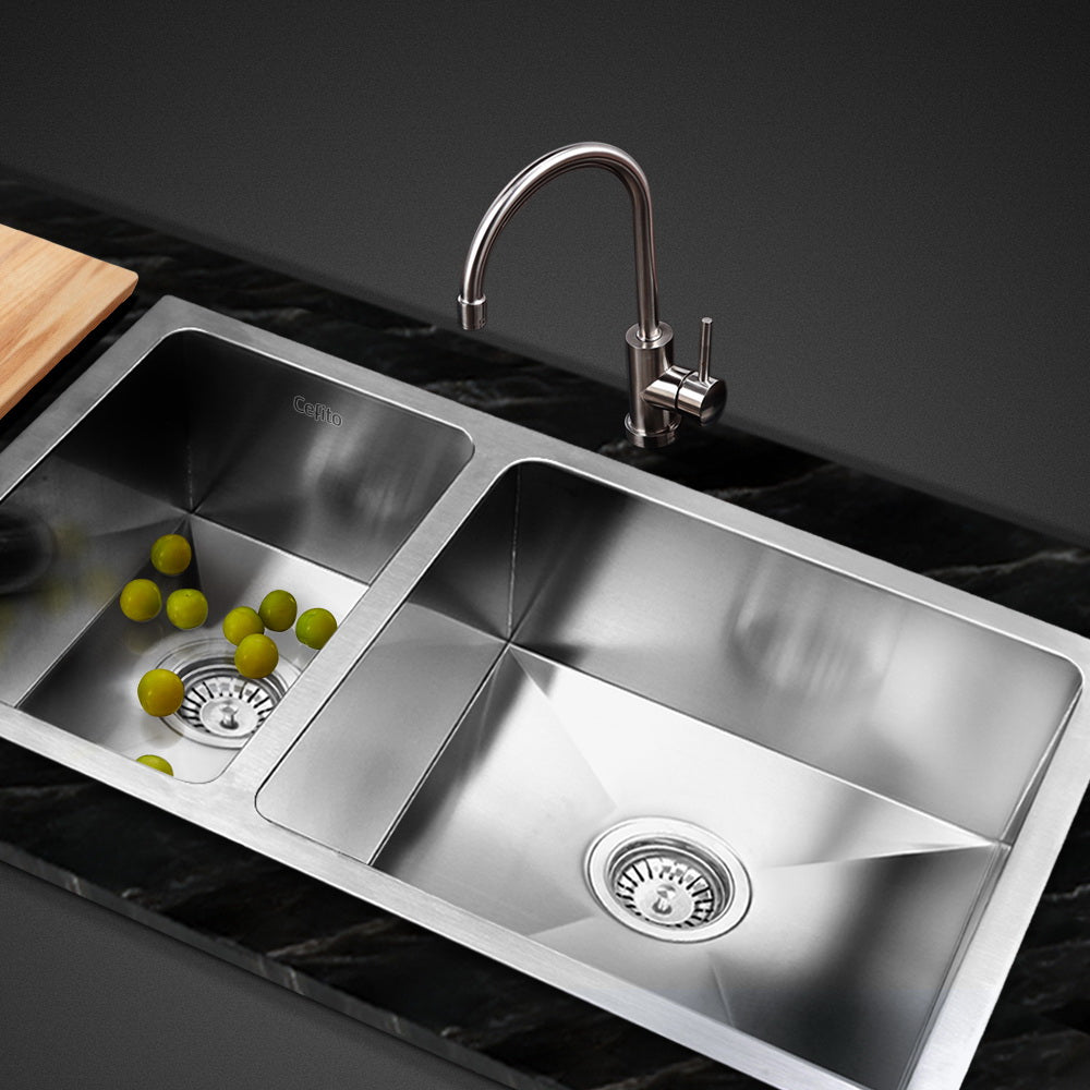 Cefito Handmade Stainless Steel Sink measuring 71cm x 45cm with a satin finish and R10 rounded corners, showcasing its modern design.