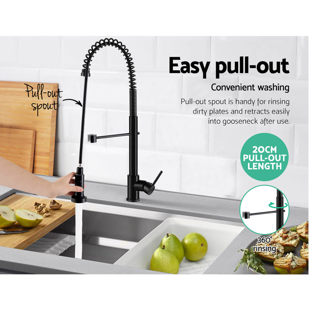 Cefito Pull Out Kitchen Tap Mixer in sleek black finish, showcasing its gooseneck design and pull-out functionality.