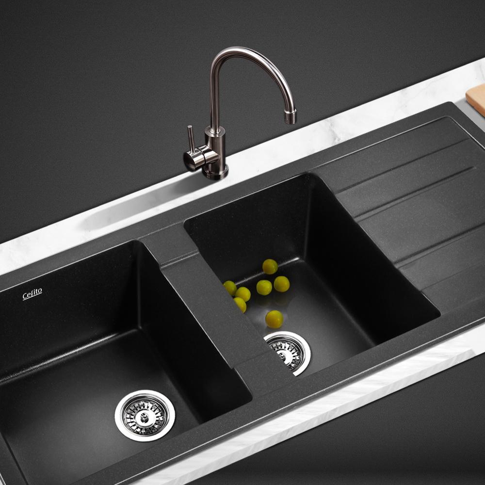 Cefito Stone Kitchen Sink 1160X500MM in black granite, showcasing its sleek design and R15 rounded corners.