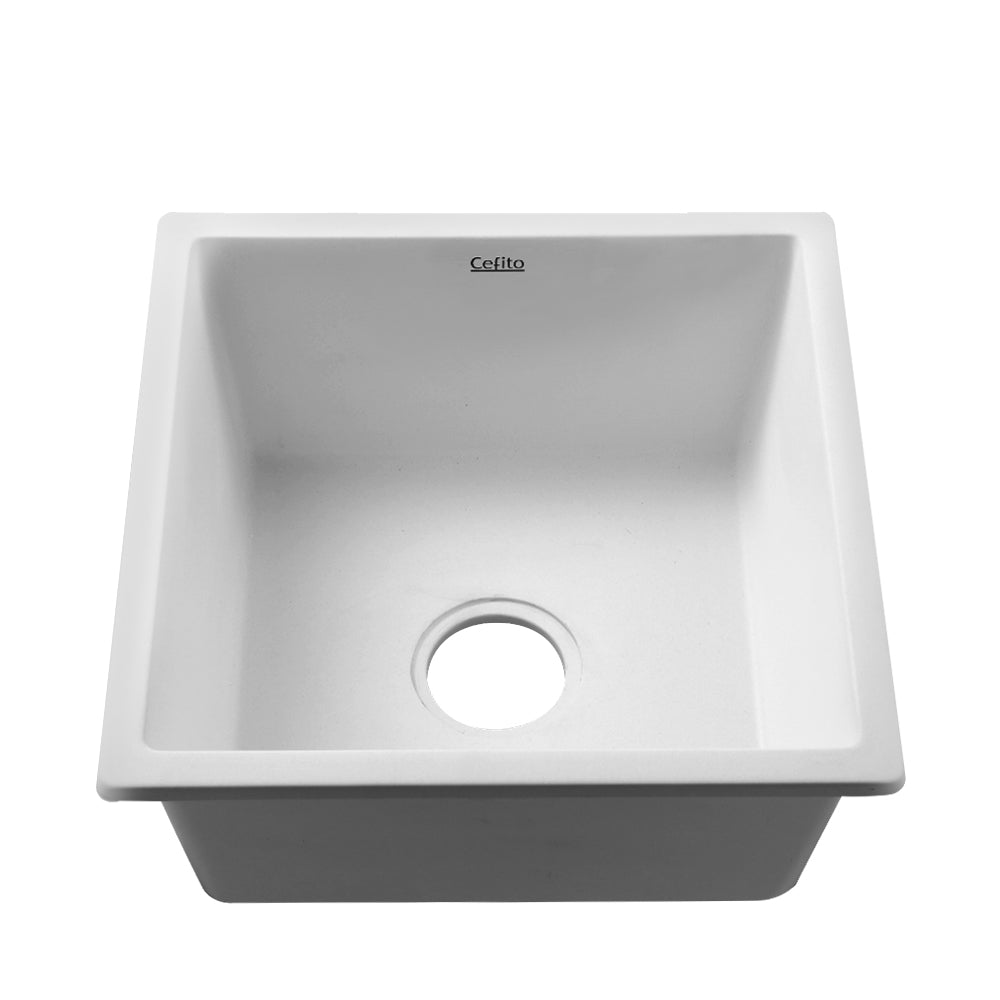 Cefito Stone Kitchen Sink 450X450MM in black granite, showcasing its sleek design and silky textured surface.