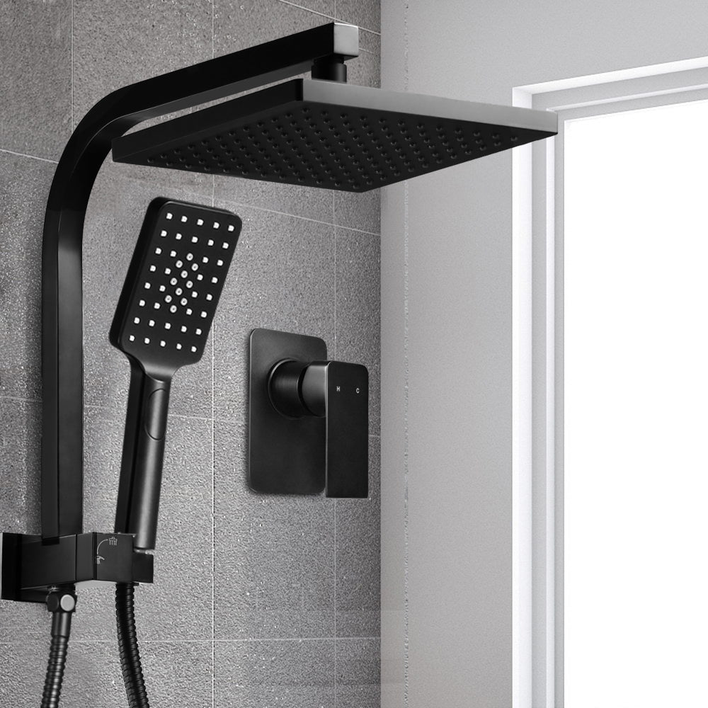 Cefito WELS 8'' Rain Shower Head Mixer in matte black finish with handheld shower head and brass diverter.