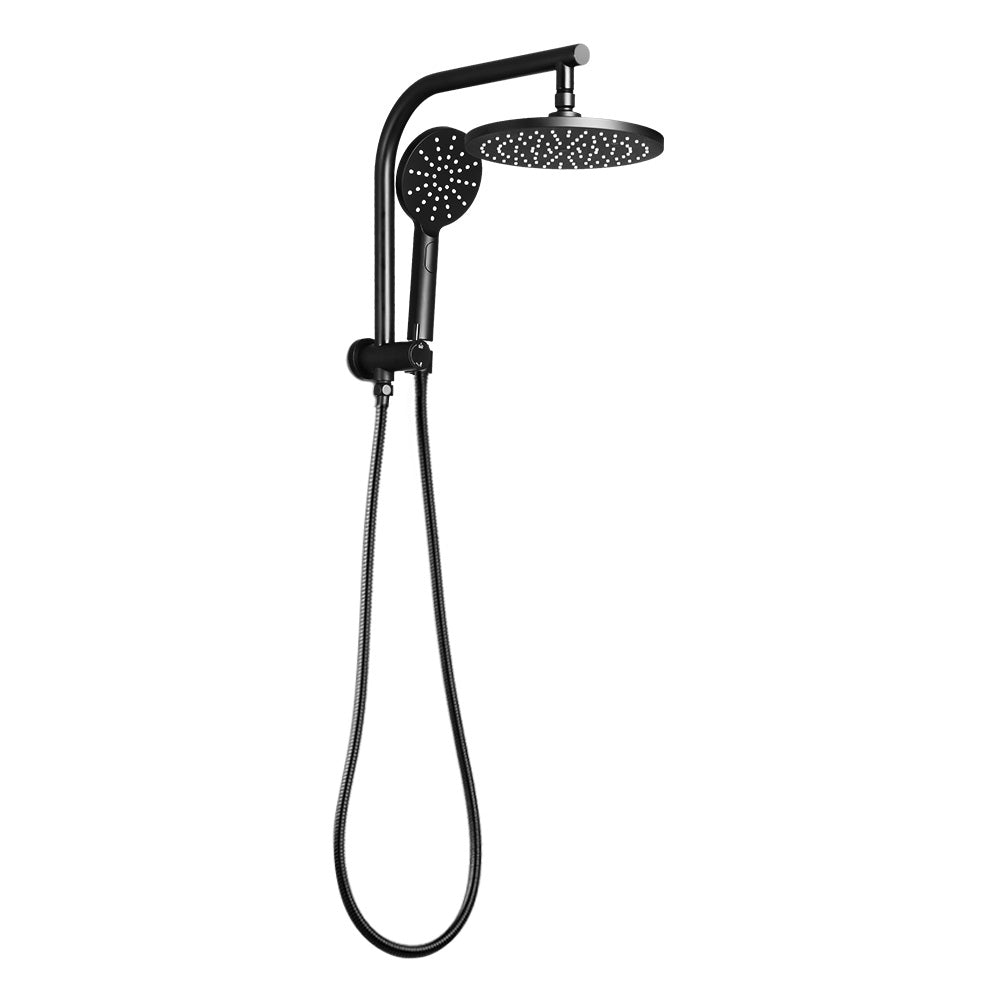 Cefito WELS 9'' Rain Shower Head Set featuring a round design, matte black finish, and a handheld shower head with three spray patterns.
