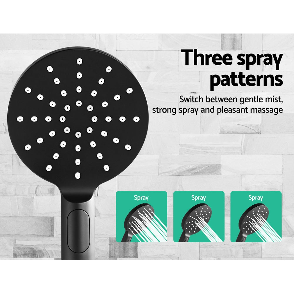 Cefito WELS 9'' Rain Shower Head Set featuring a round design, matte black finish, and a handheld shower head with three spray patterns.