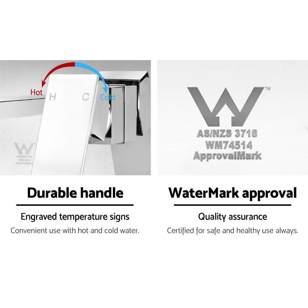 Cefito WELS Bathroom Tap Wall Square Silver Basin Mixer Taps Vanity showcasing a sleek design with polished chrome finish and solid brass construction.