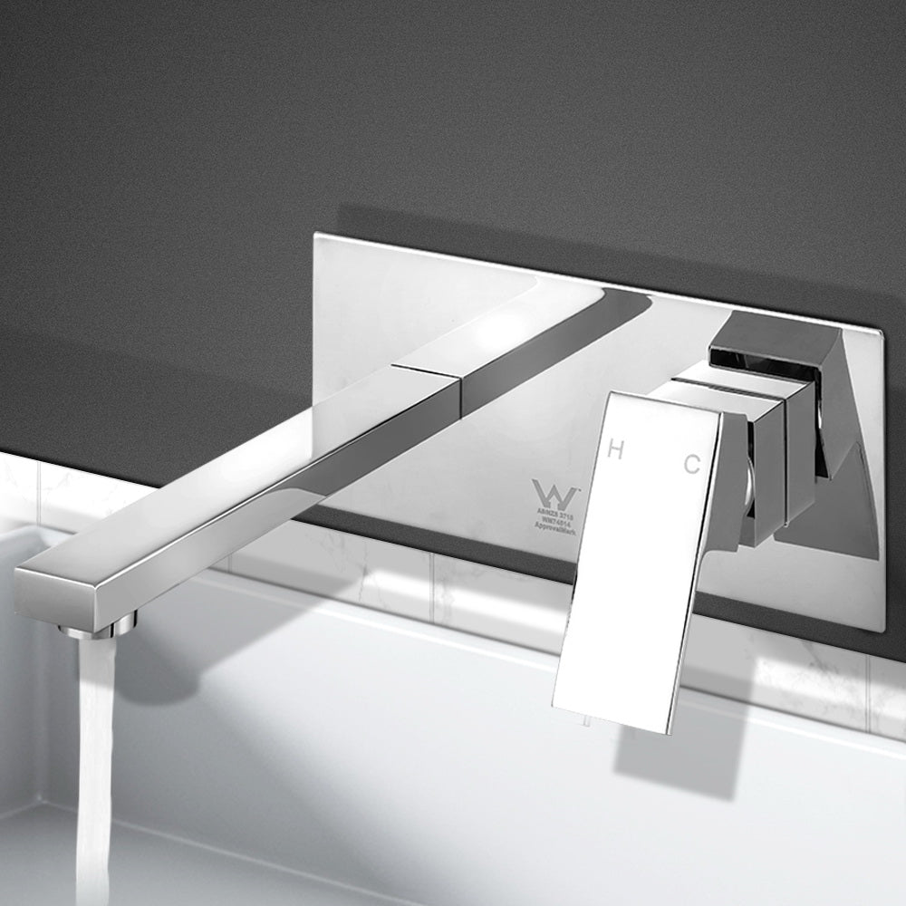 Cefito WELS Bathroom Tap Wall Square Silver Basin Mixer Taps Vanity showcasing a sleek design with polished chrome finish and solid brass construction.