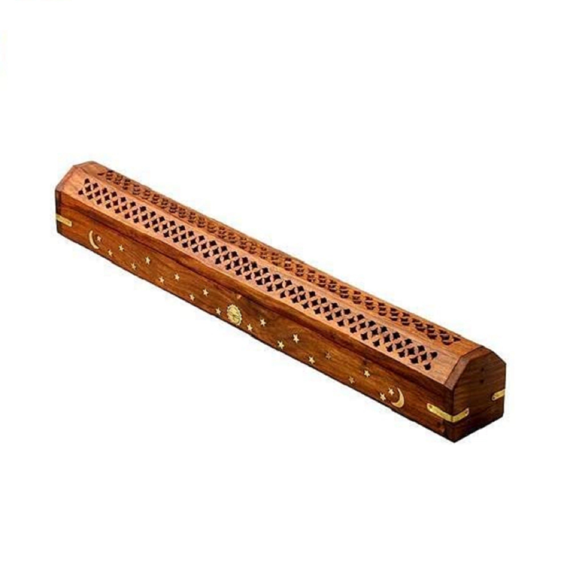 Celestial Wood Incense Burner, intricately carved with decorative cut-outs, showcasing its elegant design and natural wood finish.