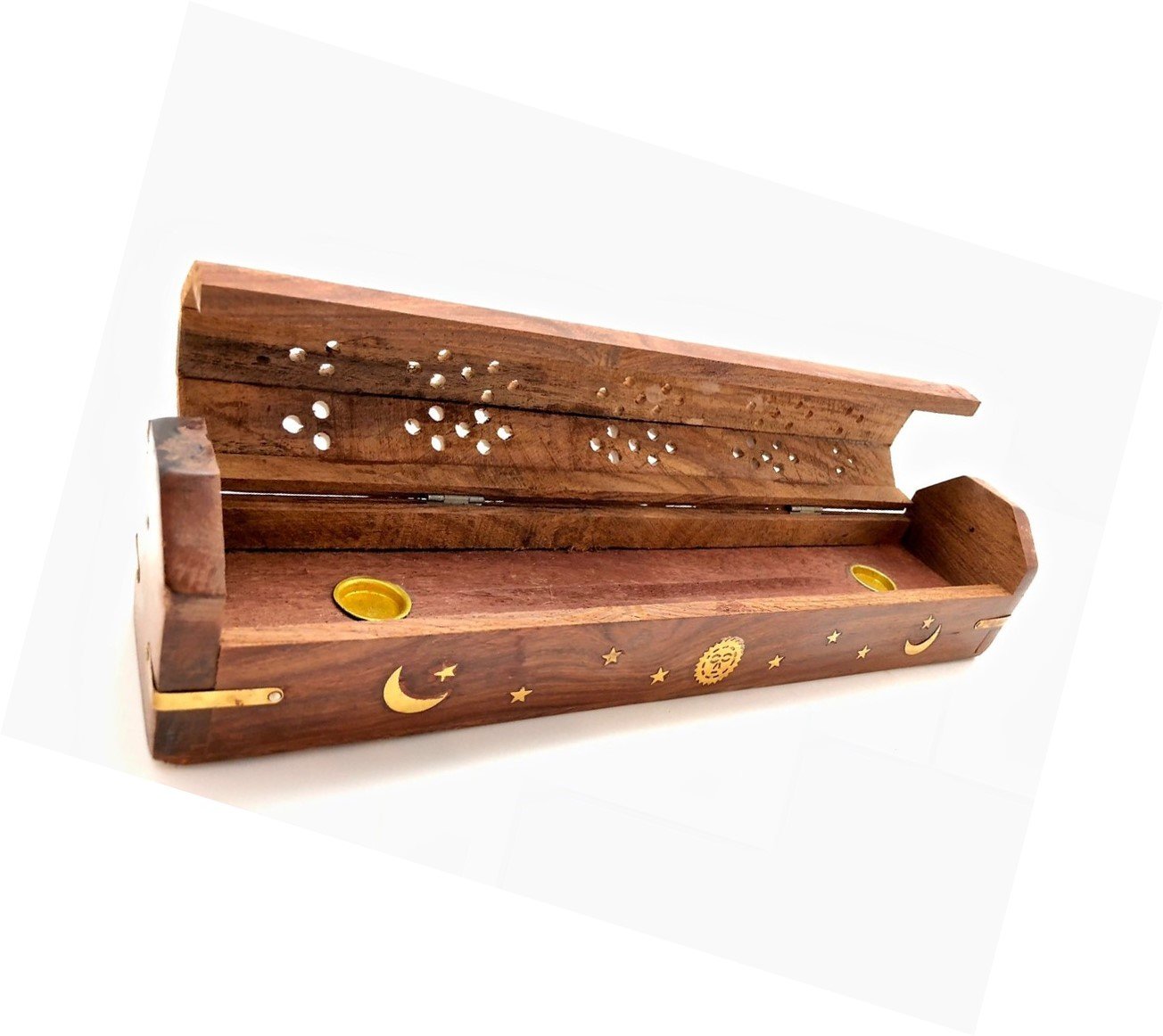 Celestial Wood Incense Burner, intricately carved with decorative cut-outs, showcasing its elegant design and natural wood finish.