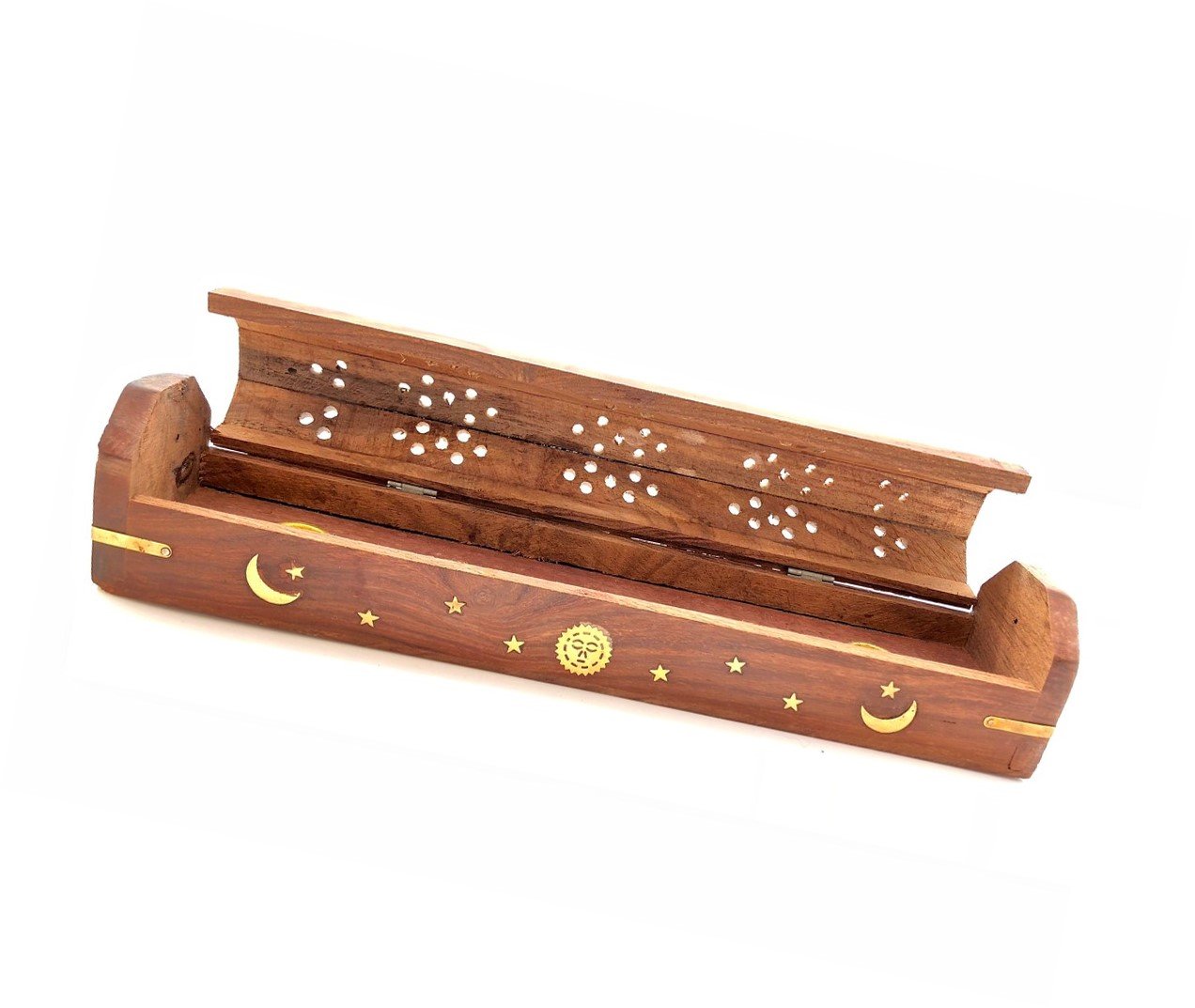 Celestial Wood Incense Burner, intricately carved with decorative cut-outs, showcasing its elegant design and natural wood finish.