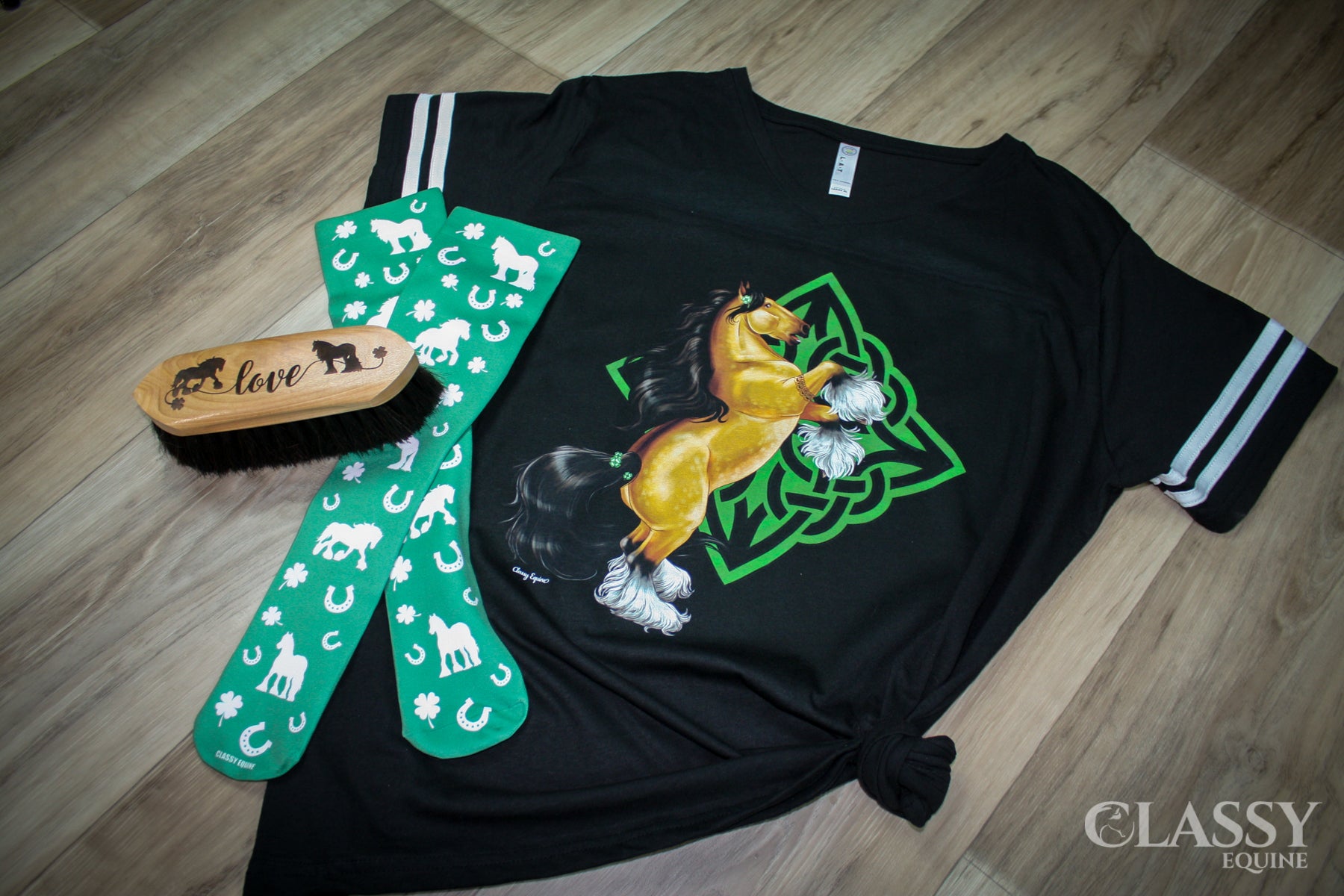 Celtic Buckskin Gypsy Horse V-Neck Tee featuring stylish striped sleeves in black and white.