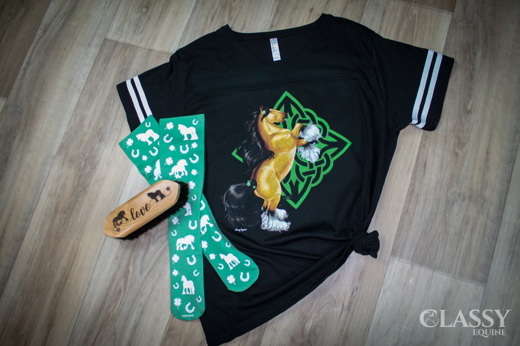 Celtic Buckskin Gypsy Horse V-Neck Tee featuring stylish striped sleeves in black and white.