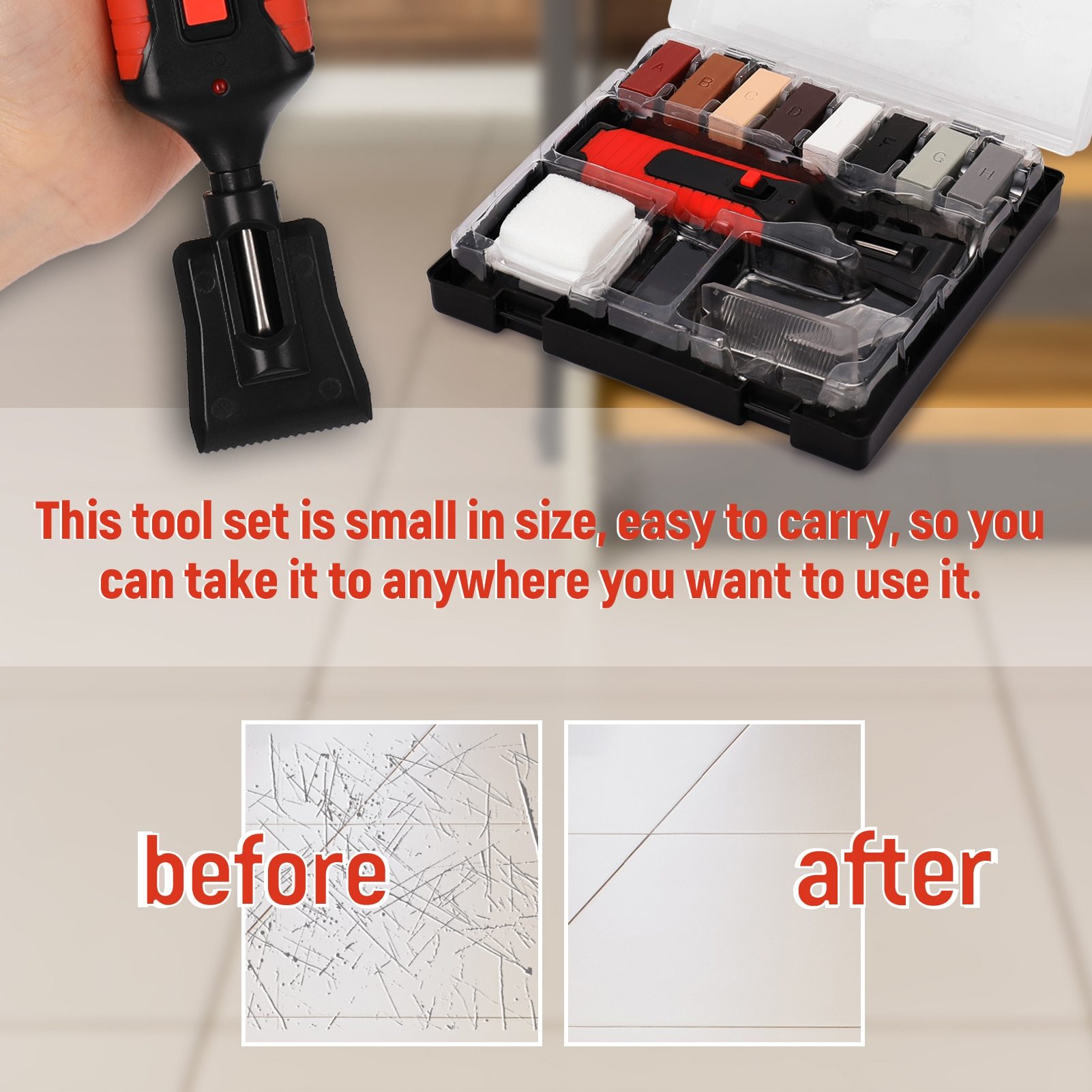 Ceramic Tile Repairing Tool Set featuring various tools for scratch and crack repairs on tile surfaces, designed for convenience and efficiency.
