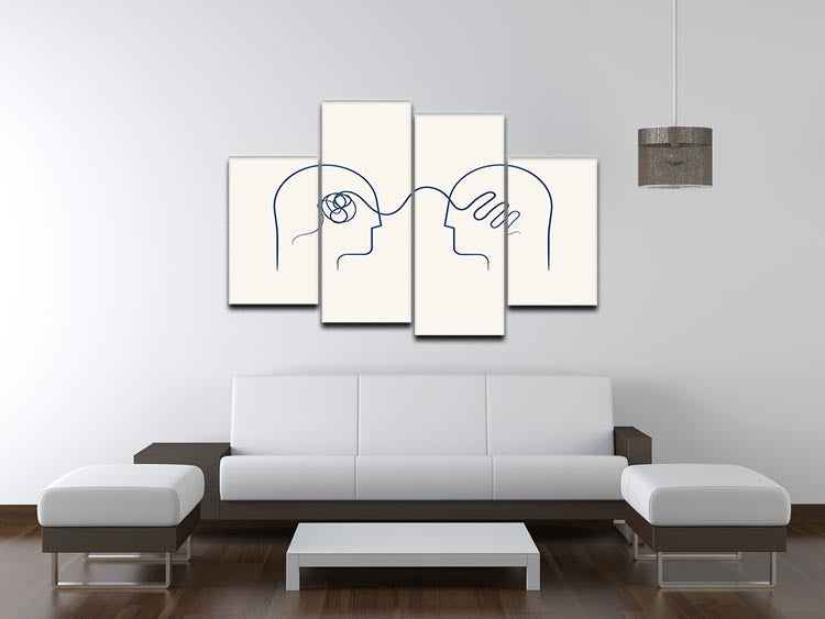 Cerebral Harmony 4 Split Panel Canvas artwork displayed in a modern living room setting, showcasing its dynamic design and vibrant colors.