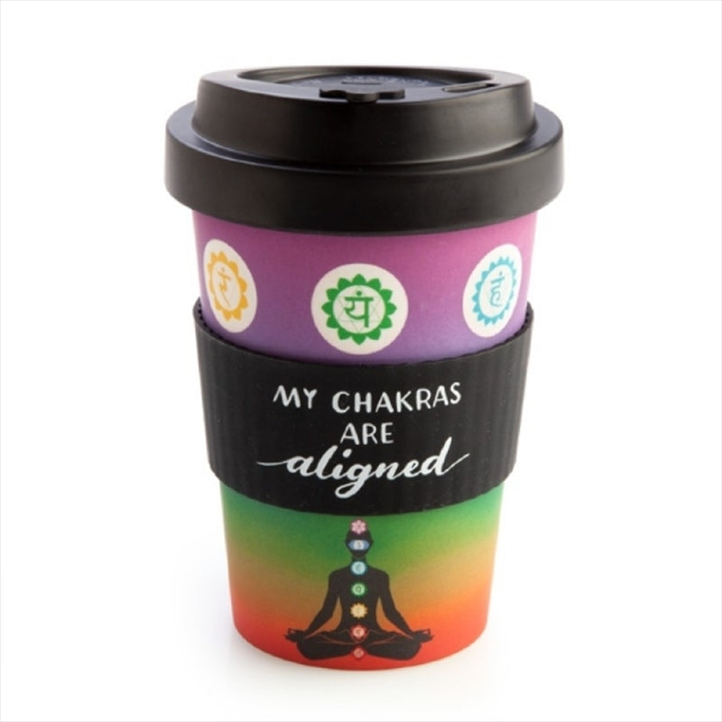 Chakra Bamboo Cup Mug featuring eco-friendly design with chakra symbols, perfect for hot and cold beverages.