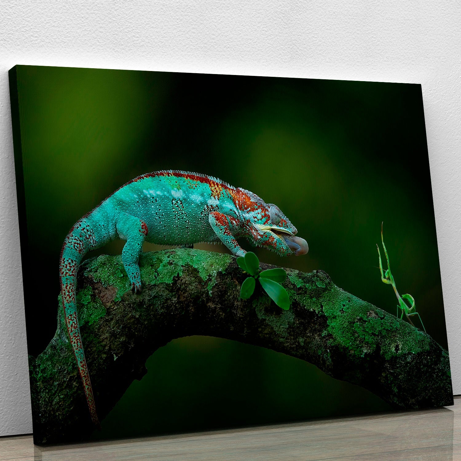 A vibrant canvas print of a chameleon catching its prey, showcasing intricate details and colors, perfect for home decor.