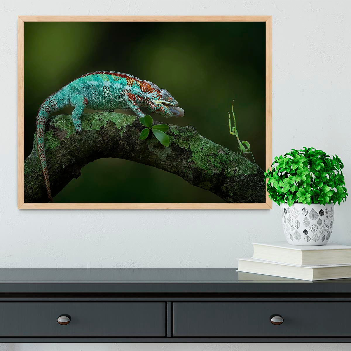 A beautifully framed print of a chameleon catching its prey, showcasing vibrant colors and intricate details.