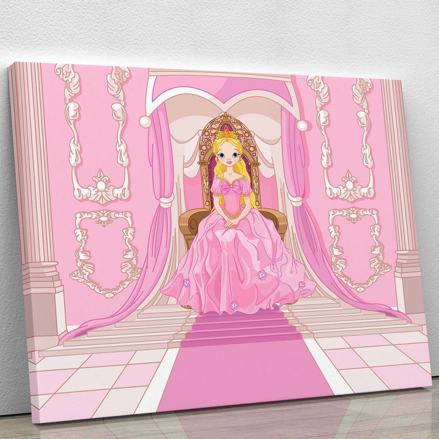 Charming Princess sitting elegantly on a throne, beautifully illustrated on a canvas print.