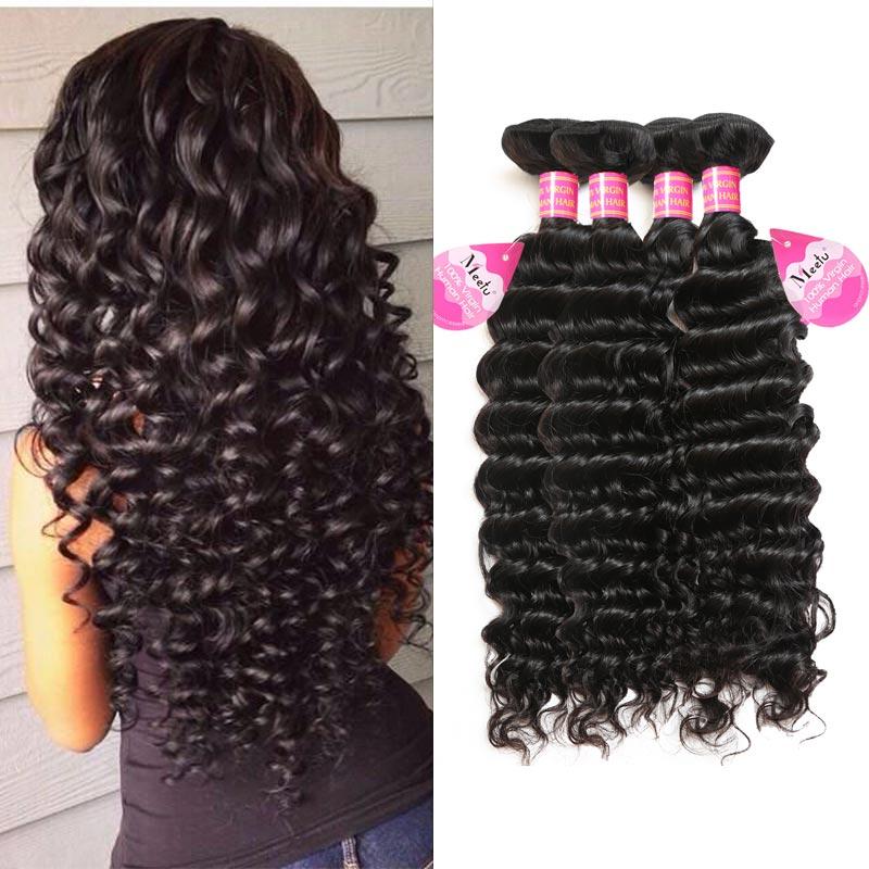 Four bundles of Cheap 8A Brazilian Human Hair Deep Wave extensions, showcasing natural waves and a rich texture.
